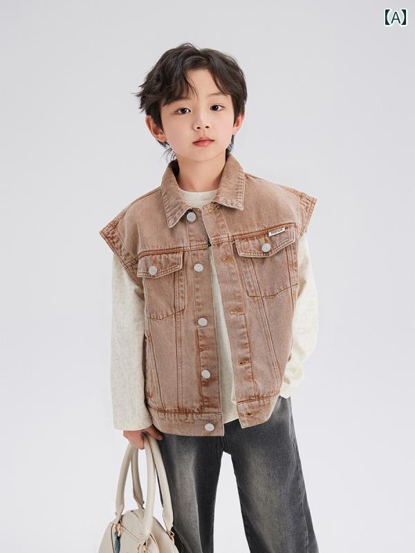 デニム ベスト キッズ 男の子 子供服 ノースリーブ ジャケット Gジャン アウター カジュアル チョッキ ソフト 新 ファッション おしゃれ 可愛い キャメル ブラック 1