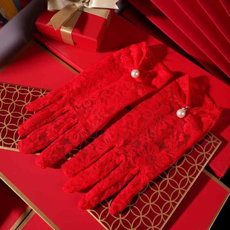 レースの手袋 結婚式 レディース ショート サテン 韓国 ウェディングドレス ブライダル パール 豊富な赤