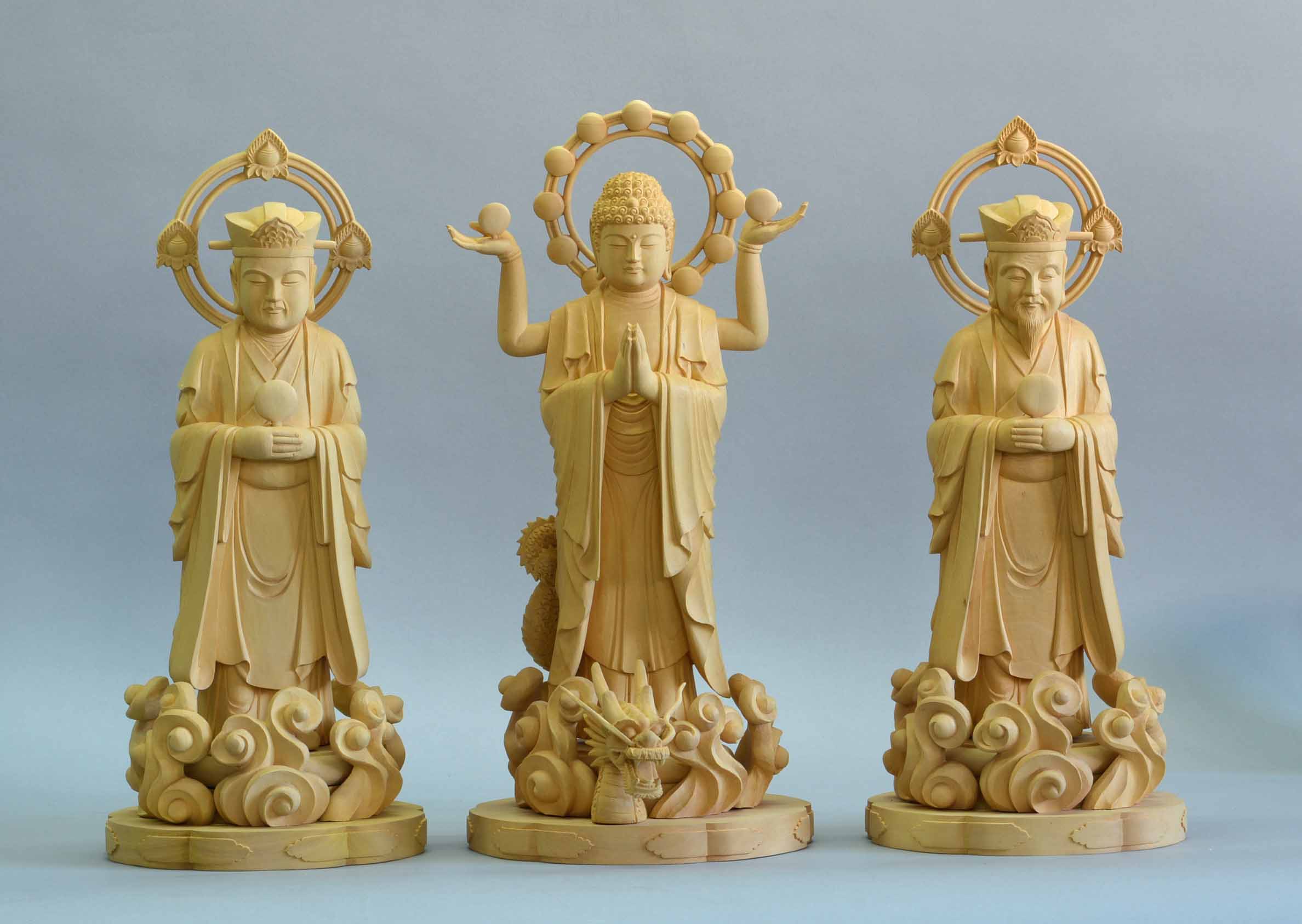 三光天立像 　総高1尺（30cm）つげ材木地仕上げ