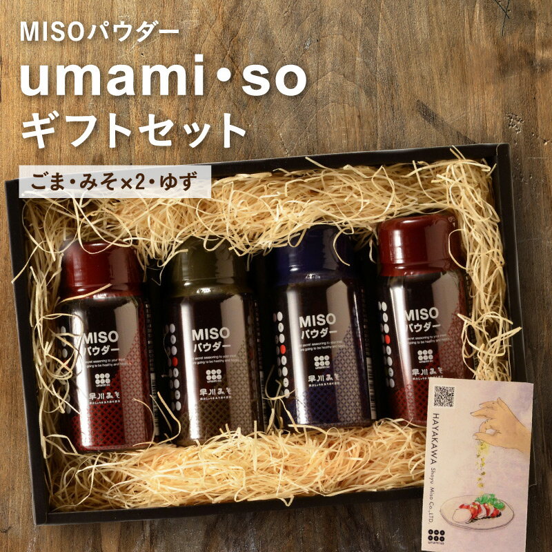 MISOパウダー umami・so 4本セット ギフトセット 味噌 乾燥みそ お味噌 調味料 様々な料理に相性抜群 ゆず プレーン ごま 味噌スパイス 都城 お歳暮 贈り物 贈答用 粉末みそ 粉末味噌 粉末ミソ 早川みそのサムネイル