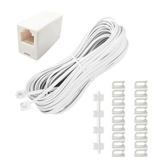 電話線 モジュラーケーブル 10M TUGUIYO 6極4芯 RJ11 6P4C 電話延長コード オステレホンケーブル コネクタ 軽量 爪折れ防止 ケーブルクリップ20個とインラインカプラー1個付き ホワイト 剥がし…