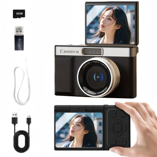 SRARデジタルカメラ1080p対応動画撮影4800万画素8倍デジタルズームAF自動フォーカス180度回転液晶モニターオートフォーカス接写モード自撮り対応2インチ画面32GBMicroSDカードが付属600mAhバッ…