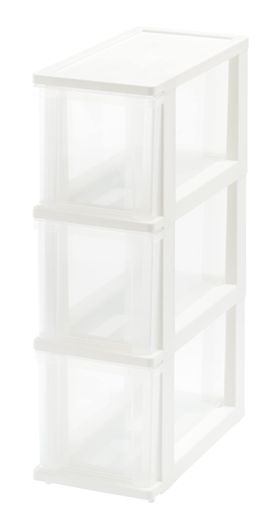原産国:日本 商品サイズ(約):幅20x奥行40x高さ64.5CM 内寸(約):幅13.3x奥行36.1x高さ17.5CM 商品重量(約):2480G 耐荷重(約):天板1KG、引出し1段あたり2KG 材質:ポリプロピレン 引出し高さ収納目安(約17CM):オリーブオイル250ML・液体洗剤450Gボトル・レトルトカレー箱(1人前)