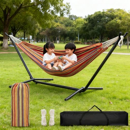 TORIBIOダブルハンモック自立式スタンド耐重荷250kg室内屋外用収納バッグ付きアウトドアキャンプ公園部..