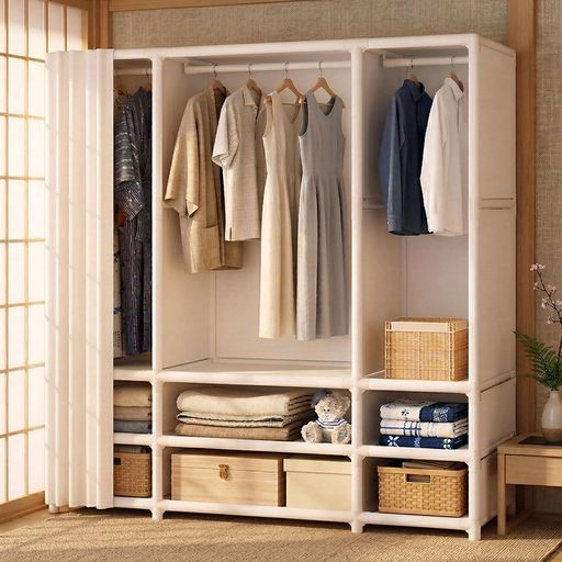 簡単組み立て:このワードローブは、工具なしで簡単に組み立てることができ、誰でも短時間でセットアップ可能です。引越しや移動にも便利で、組み立てもストレスフリーで行えます。 · 大容量収納:幅109cm、奥行45cm、高さ166.5cmの広々とした収納スペースを提供します。衣類や小物、季節物などをたっぷり収納でき、家中を簡単に整理整頓できます。 · 省スペース設計:コンパクトながら大容量を実現した設計で、狭い部屋や寮などの限られたスペースでも効率よく収納でき、空間を最大限に活用できます。 · 高耐荷重:直径19mmのスチールパイプを使用し、優れた耐荷重性能を発揮。重い衣類やコートもしっかり収納でき、丈夫で長持ちします。 · 防湿・防塵・防カビ機能:カバーが付いており、湿気やホコリ、カビから衣類を守ります。大切な衣類を清潔に保ち、長期間使用できます。