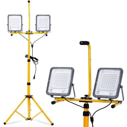 【高品質LEDで明るく抜群】材質:アルミダイカスト、消費電力:100w、光束:13000ルーメン(1300w相当)、色温度:6000K 昼光色、定格入力电压:100V対応、発光角度:180°、最大照射面積:400m2、定格周波数:50/60Hz、防塵防水:IP66、ケーブル長:3m 【LED三脚投光器】伸縮式三脚スタンド:101~194cm自由に伸縮。50W*2投光器搭載:圧倒的な明るさ。調節可能なライティング:320度まで傾きの角度を変えられ、設置場所に合わせてライティングできる。「高輝度」「広角照射」「低消費電力」「長寿命」などの特徴を持ちながら。 【強化材質&amp;高精度IC駆動&amp;放熱効果UP】この投光器は高品質のダイカストアルミニウム製で、高精度IC駆動で周囲温度が上昇すると自動的に冷却します。また、投光器の耐食性がが高く、放熱ストリップが長くなり、放熱効果が大幅に向上し、ランプの耐用年数を延長されます。また、耐衝撃性・耐高温性・強化透明アクリルを使用しており、光の透過率が向上し。 【IP66防水&amp;防水通気フィルタ付き】コードの接続先には防水処理が施されています。