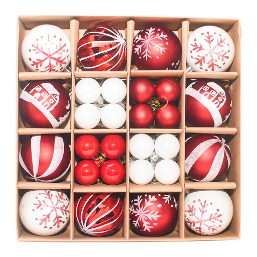 【42個セットクリスマスボール】42個セット?7種類大集合!!お買い得!これ一つでツリーの飾り付けができるお手軽で豪華なオーナメントセット 【北欧風】白とレッドを基調としたきらびやかなボールは、表面に美しく愛らしい模様が描かれています。華やかで繊細な北欧スタイルのクリスマス ボールは、あなたのクリスマス ツリーを瞬時に変身させ、暖かく強いクリスマスの雰囲気を作り出します。 【絶妙なデザインと高品質】 飛散防止のクリスマス ボール、丈夫で環境に優しいプラスチックで作られており、それぞれがブロー成形され、手描きされており、簡単に壊れません。 5 種類のパターンと 3 つの特別な仕上げ (シャイニー、マット、グリッターなど) を含みます、装飾のすべてのニーズを満たします。 【セット内容】「6cmボール」x12、「3cmボール」x28、「3cmスター」x2 【カスタマーサービス】満足のいく購入体験を提供することを目指しています。 製品に問題があれば、24時間オンラインサービスを提供し、必要に