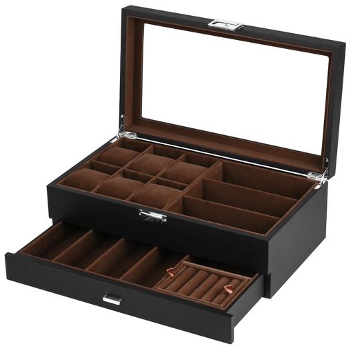 Baskiss高級2層木製時計ケース腕時計・眼鏡・ジュエリー収納ボックス腕時計6本サングラス7本アクセサリー・指輪・ブレスレット収納可能コレクションケース(腕時計6本・メガネ7本)