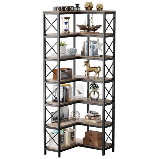 Shelves - TribesignsL字ラックオープンシェルフコーナー本棚7段コーナーラックウッドシェルフ木製オープンラックグレーリビングルーム収納ラックディスプレイラックW60xD60xH200cm