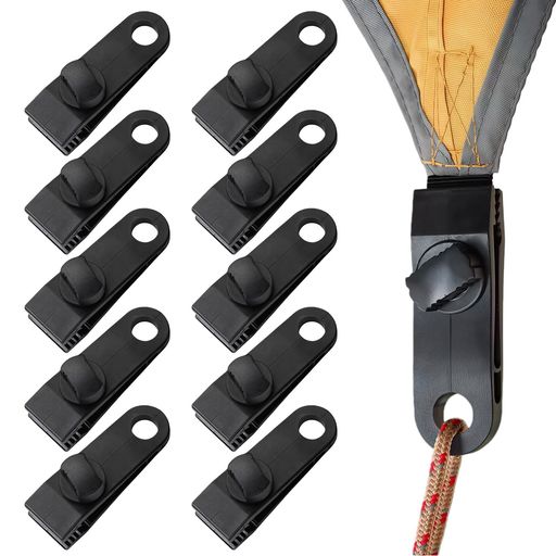 【製品スペック】本体サイズ約80x25x30mm(穴径約13mm)、1個あたり約23g。セット内容はテント用クリップ10個。素材は軽量で扱いやすいプラスチック製です。 【丈夫で扱いやすい】耐久性の高いプラスチックを採用し、防水・耐寒・耐食性に配慮。軽くてかさばらないため、持ち運びや保管も簡単です。最大約6kgまで対応し、強く引っ張ってもしっかり保持します。 【調整しやすい構造】ワニ口形状のクランプ設計で、薄手からやや厚手の生地まで安定して固定可能。ダイヤルを回すことで開口幅を微調整でき、ロック後はズレにくく、生地を傷めにくい仕様です。 【簡単装着】回転ノブ操作だけで着脱でき、初心者でも扱いやすい設計。クリップ本体にはホール付きで、ロープやフック、カラビナの取り付けも可能です。 【多用途に活躍】テントやタープ、天幕、防水シートの固定はもちろん、キャンプ設営、BBQ、屋外イベント、日常の簡易固定や洗濯物干し代わりなど、幅広いシーンで活躍します。