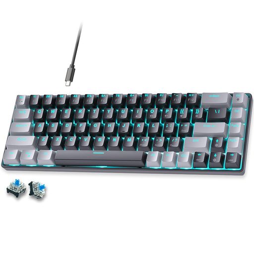 Abucow 65%メカニカルゲーミングキーボード 青軸 有線コンパクトキーボード ブルーLEDバックライト付き 交換可能なグレー・ブラックキーキャップ Windows/Mac対応