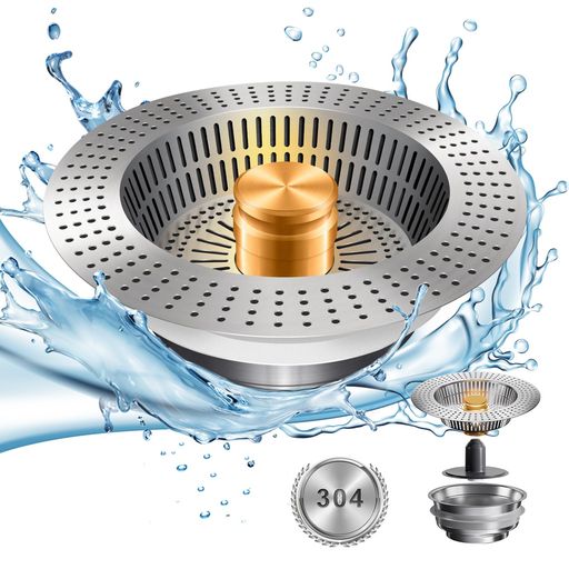 キッチンシンク排水ストレーナーステンレススチール、シンクフードキャッチャープレス-作動、キッチン..