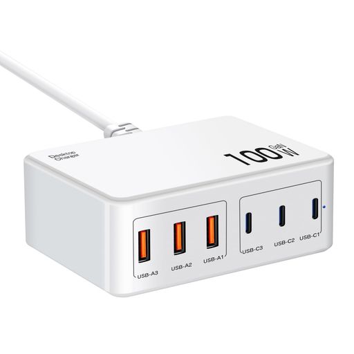 【合計100WマルチポートUSB充電器】3つUSB-Cポート、3つUSB-Aポートを搭載していて、まとめて6台のデバイスを同時に充電できる100W卓上充電器です。外出先や忙しい生活の中で充電待ち時間を大幅に短縮し、充電のストレスから解放され、日常生活がより快適に! 【タイプCポートPD3.0/30W急速充電】単ポートまた2ポートを使用する場合は最大出力30Wをサポートします。iPhone、Android等のスマートフォンのみならず、タブレット端末、MacBook Airの充電にも最適です。USB-Aポートは5V/3Aの出力電力を提供し、従来のUSB充電器(5V 1A)よりも3倍の速度で、高速充電体験を提供します。 【複数のデバイス同時充電】家族や同僚とシェアして使うのに最適な6ポート設計で、リビングやオフィスでも6台のデバイスを同時に充電可能です。複数のポートを同時に使用すると、接続された機器の必要電力に応じて100Wの出力を最適に分配し、効率よくスムーズに充電を行います。また、1.2メートルの延長コードで、コンセントから離れた場所も利用可能です。