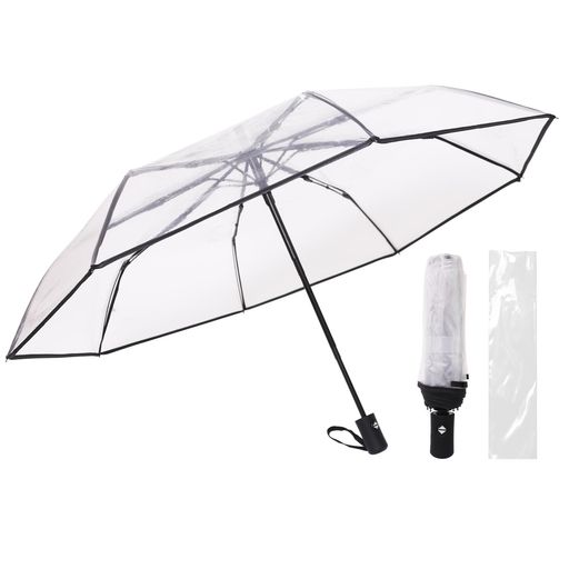 傘透明折りたたみ傘ワンタッチ自動開閉8本骨耐風構造透明PVC素材ブラック&ホワイト軽量全天候対応収納袋付きビジネス/学生/贈答用(Black)