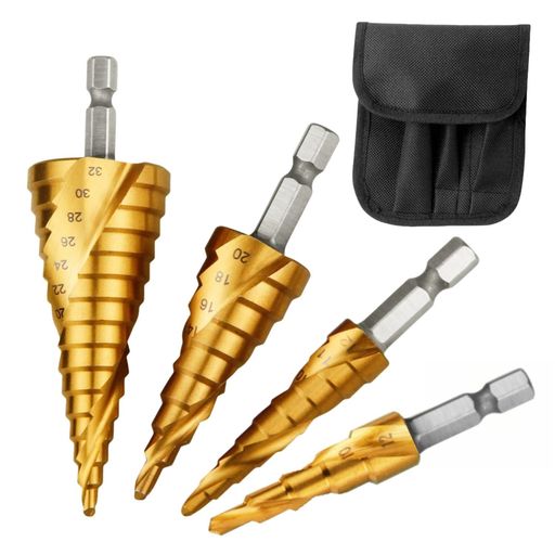ステップドリル穴あけ[アップグレード版4本セット]螺旋六角轴スパイラル[4-32mm15段/4-20mm9段/4-12mm9段/4-12mm5段]らせん状もっと鋭いのHSS高速鋼4241家庭用のDIY工具