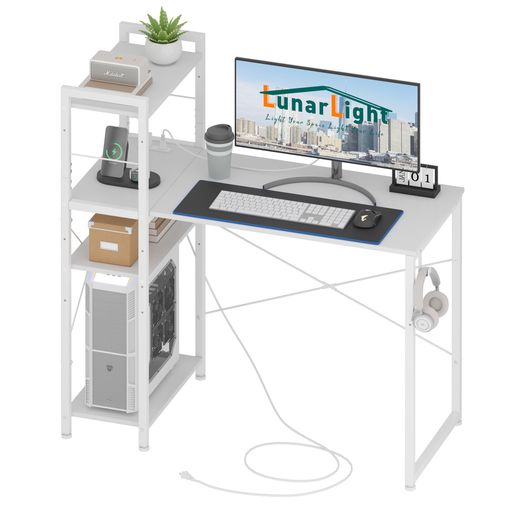 LunarLightPCパソコンデスク幅机110奥行48高さ110cmテレワーク左右組み換え自由棚板高さ調節可能コンセント付きラック付きデスク110幅収納たっぷりゲーミングデスクオフィスデスク書斎収納…(3)