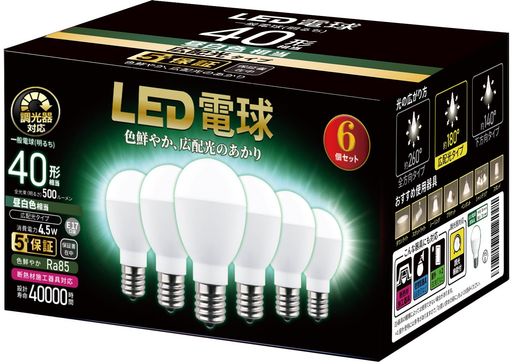 本体サイズ:外径35mmx長さ69mm、本体重量(kg):0.048 口金:E17、光色:昼白色相当、定格消費電力:4.5W 調光器対応の広配光タイプ(光の広がり約180度) 明るさ電球40W形相当(500lm)※調光器対応 調光対応:専用調光器によるスムーズな連続調光が可能です。 密閉型器具への取り付け対応 断熱材施工器具への取り付け対応 3光色ラインアップ&amp;色鮮やかRa85 保障期間:5年