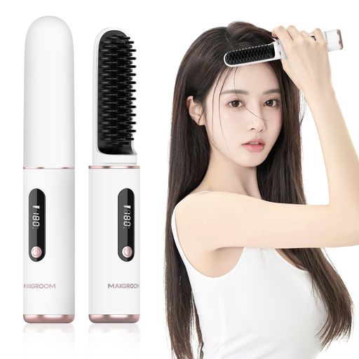 MAXGROOM ヒートブラシ コードレス ブラシ型ヘアアイロン ストレートブラシ マイナ...