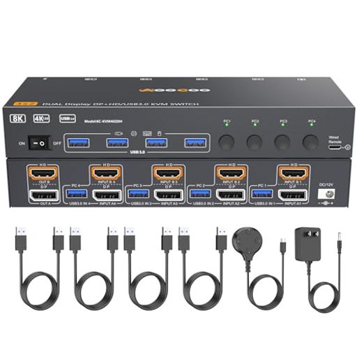 【4台のPCに対応したデュアルモニターKVMスイッチ】このHDMI+DP対応デュアルモニターKVMスイッチを使用すれば、1組のキーボードとマウス、そして2台のモニター(拡張表示モードまたは複製表示モード)を使って、最大4台のコンピューターを操作することが可能です。 【最大8K@60Hz / 4K@144Hzに対応】本デュアルモニターKVMスイッチは、最大8K@60Hzおよび4K@144Hzの高解像度表示に対応しています。ご注意:DPポートは8K@30Hz / 4K@144Hzまで、HDMIポートは8K@60Hz / 4K@120Hzまでをそれぞれサポートします。安定した信号伝送を確保するため、8K対応のHDMIおよびDPケーブルをご使用ください。また、ケーブル長は短いほど信号が安定しやすくなります。 【4つのUSB 3.0ポート搭載】本デュアルモニターKVMスイッチには4つのUSB 3.0ポートが装備されており、キーボード、マウス、プリンター、スキャナー、その他様々なUSBデバイスを認識・接続することが可能です。