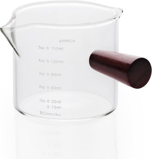 Rakuten - 計量カップエスプレッソショットグラス目盛り付き木製ハンドル付きダブルスパウトミルクカップコーヒーミルク水お酒グラス調理器具測定グラス耐熱ガラス(150ml1個)