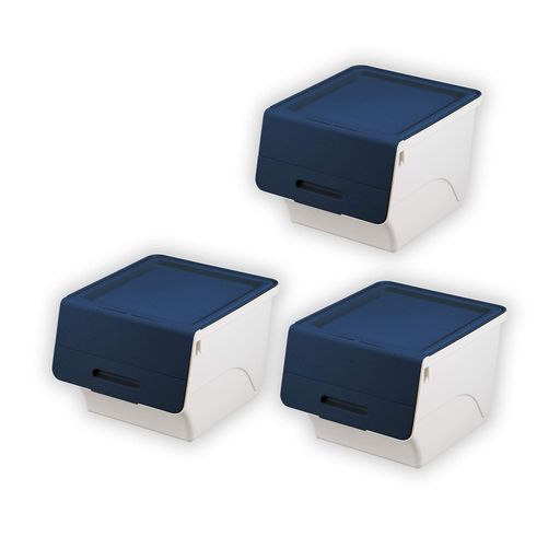 【web限定カラー】サンカフロック重ねて使える蓋付き衣装ケースネイビー【3個組】おしゃれな大容量収納引き出さずに使える前面開閉式カパっとひらく固定できるフタキャスター取り付…