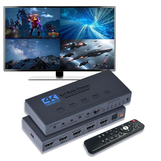 【4 入力 1 出力 HDMI 4 画面分割・シームレス切替機能搭載】本HDMI 4x1マルチビューワーは、4系統のHDMI映像を同時処理できる高性能切替器です。ノートPC・TVボックス・DVDプレーヤー・PS3など4台の機器を1つのモニターに集約表示可能で、複数の画面レイアウトに対応し、HD映像をスムーズにシームレス切り替えます。本体ボタンまたはIRリモコンで簡単に操作でき、設置が容易で動作も安定しており、会議室や業務設備に最適です。 【全 19 種の表示モード・PIP 画中画対応】全画面・2分割・3分割・4分割・3種類のPIP画中画モードを含む計19種の画面表示モードを搭載し、4台の機器映像を自由にレイアウト可能です。※ PIP 機能の詳しい使用方法は取扱説明書・製品図をご参照ください。 【4K 高画質出力・高色域・下位互換性】全画面表示で最高 4K@30Hz (RGB)出力 、4 画面分割表示で 1080P@60Hz に対応し、滑らかで高精細な映像を出力します。RGB 高色域表現により色彩が鮮やかに再現され、各種低解像度にも下位互換対応しており、様々な HDMI 機器に安定して利用可能です。