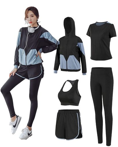 【5点セット】スポーツブラジャー&amp;Tシャツ&amp;スポーツパーカー&amp;ハーフパンツ&amp;タイツ 全て揃った上下5点セットのスポーツウエア!半袖と長袖、スポーツブラで数パターンの着こなしが可能で、様々なシーンを魅力的に演出します。自分の好みに合わせて様々な組み合わせることができる。春から冬までロングシーズンお使いいただける。 【適用場面】いろいろな運動に適当!ジョギング、ウォーキング、エクササイズ、フィットネス、筋力トレーニング、ランニング、ダンス、テニス、ジム、ヨガなど。アウトドア、街着やルームウェアとしても多様な用途に対応するセットアップ。 【抜群のフィット感】通気性に優れた素材で熱を逃がし、体をドライで快適に保ちます。ハードな運動でもム レやベタ付きがなく快適な着心地を維持します。生地の伸びが良いので、スパッツはくるぶしまでしっかり隠 れるくらいです。 【スポーツ専用素材】伸縮性に優れ、速乾性、吸湿性、快適な着心地でどんな動きにも最適なフィット感します!スポーツ後にも相変わらずクールで着心地良いです。変形しにくいです。