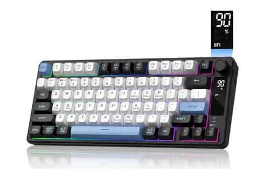 マルチデバイス対応のトリプルモード接続 – Womier DK75ライトアップキーボードは、Bluetooth 5.0、2.4GHzワイヤレス、USB有線モードを含む3つの接続モードを提供しており、さまざまなシーンに合わせて柔軟に切り替えることができます。Mac、Windows、タブレット、ラップトップに対応しており、このクリーミーなキーボードは、仕事、ゲーム、旅行中でもあなたのワークフローに適応します。 メカニカル風デザインの75%キーボードレイアウト – この75%のBluetoothキーボードは、省スペースのコンパクトな形状とメカニカルスタイルの外観を兼ね備えています。静音メンブレンスイッチを搭載しており、スムーズなタイピングと整理されたデスクを求めるゲーマー、プロフェッショナル、学生に最適な静音キーボードです クールなRGBバックライトキーボード効果 – 15種類のダイナミックなRGB効果、7色、明るさと速度の調整可能なレベルでセットアップをパーソナライズできます。