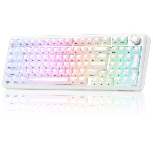 マルチデバイス対応ワイヤレスメカニカルキーボード:YUNZII X98は有線/2.4GHzワイヤレス/Bluetooth接続に対応したワイヤレスゲーミングキーボードです。Type-C有線モードでは、競技レベルのゲームに求められる超低遅延を実現。一方、ワイヤレスモードやBluetoothモードなら、デスク周りをすっきりと片付けられます。最大5台のデバイスと簡単にペアリング可能で、ノートパソコン、PC、デスクトップ、モニターなど、さまざまな機器にぴったりです。光沢のあるベゼルが美しいホワイトキーボード仕上げで、どんなセットアップにも自然に調和する、デザイン性に優れたキーボードです QMK/VIA カスタムキーボード(ロータリーノブ搭載): このフルサイズのメカニカルキーボードは、オープンソースファームウェアのQMK/VIAに対応。さらに、プログラミング可能なノブを備えています。キー割り当ての変更、マクロの作成、RGBの調整、ノブの機能(デフォルトはボリューム)のカスタマイズが可能。複数のプロファイルを使い分けて、ゲームや仕事に最適な設定を保存できます。