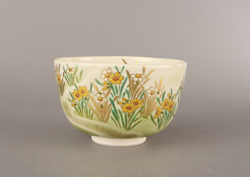 神戸薩摩　仁清写　水仙図　茶碗