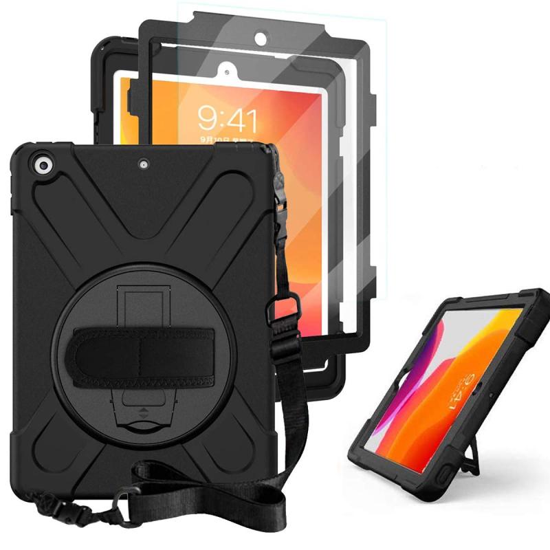 iPad 9th 8th 7th ケース 2021 2020 SIBEITU iPad 10.2 ケース 耐衝撃 衝撃吸収 スタンド ハンドストラップ 肩掛けー ショルダーストラップ 回転 頑丈 仕事