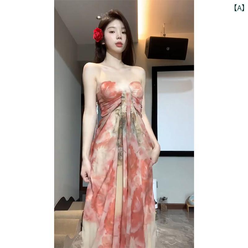 ワンピース ドレス レディース フレンチ チューブ トップ サスペンダー ドレス 女性用 夏 2025年新 スタイル 海辺の 休日 高級 ビーチ ロング ドレス(4)