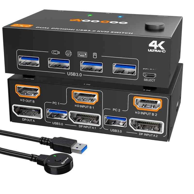 Displayport + HDMI USB 3.0 KVMスイッチ 8K/4K USB 3.0ポート付き、電源アダプター、有線コントローラー、USB3.0ケーブル付属