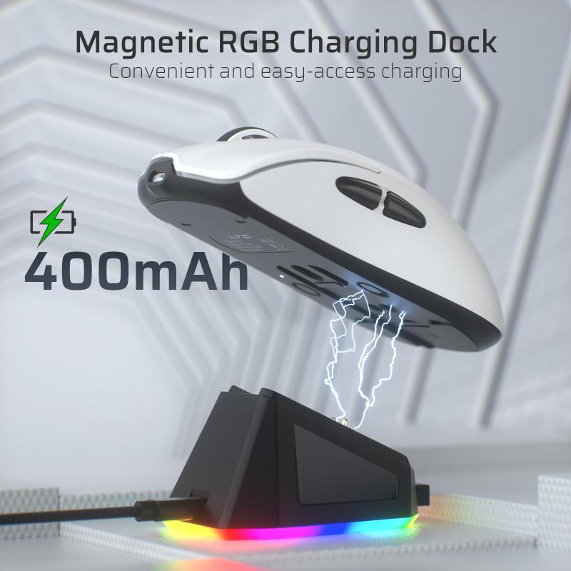 LTC GM022 超軽量 3 モード ワイヤレス ゲーミング マウス、RGB 充電ドック付き、PAW3395 26K DPI センサー、55G 軽量人間工学に基づいた Bluetooth ゲーミング マウス、5 つのプログラム可能なボタン、
