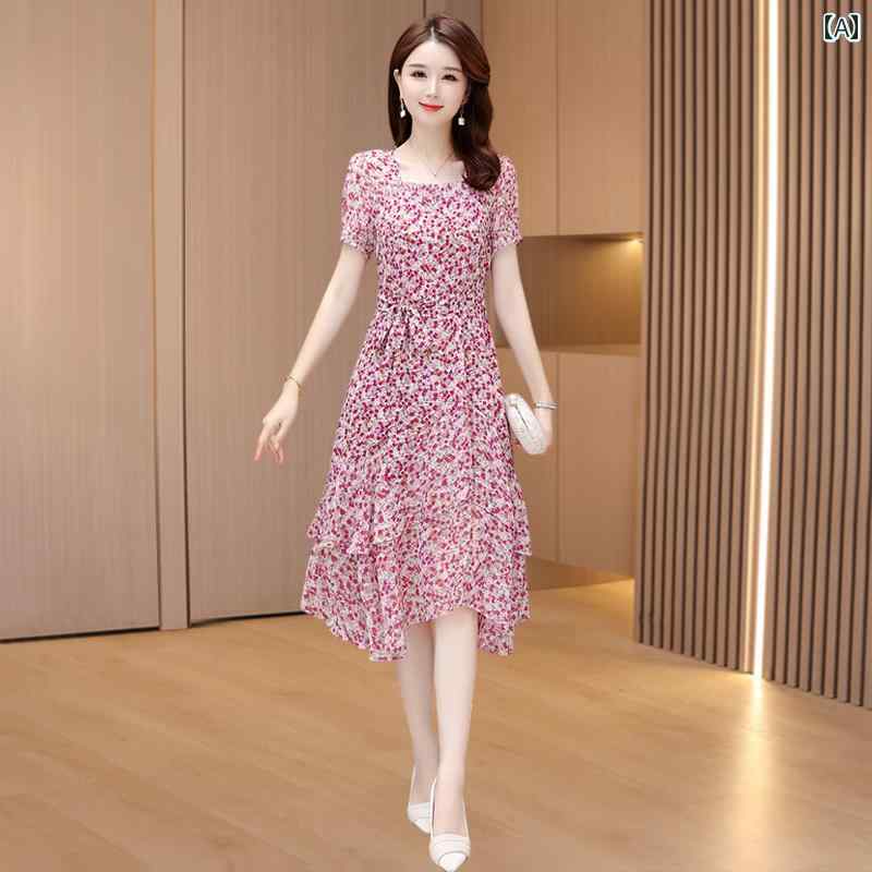 シフォンドレス　レディース ハイエンドの プチ シフォン 糸 素材の 不規則な 花柄 ワンピース 夏の おしゃれなお母さん向け 広 州 十三 行