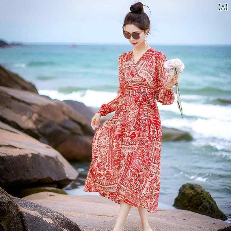 シフォンドレス　レディース 三 亜 旅行 服 ビッグ スイング スリム 花柄 シフォン ドレス ビーチ スカ..