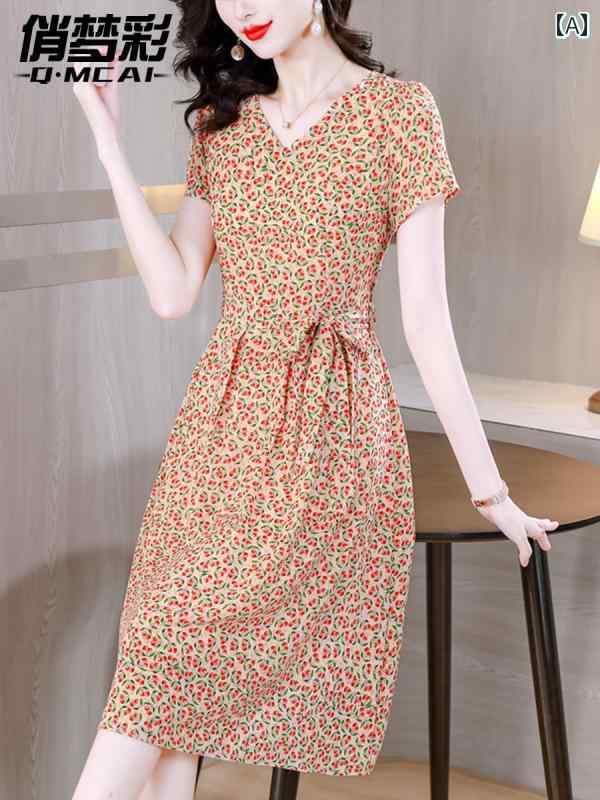 シフォンドレス レディース レディース 美しい 花柄 シフォン ドレス 2025夏 中年 ママ スタイリッシュ プチ