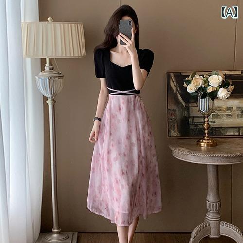 シフォンドレス ワンピース レディース 夏の シックで 美しい 花柄 シフォン パッチワーク ミニ スカート ハイエンドな 年齢を 減らす ユニークな ドレス