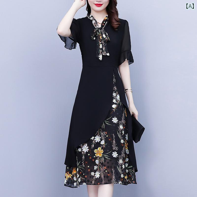 シフォンドレス ワンピース レディース フェイク ツーピース シフォン ドレス 2024 女性 中年 母親の 夏の ウエスタン スカートの スタイルは お腹を カバー し 細く 見える