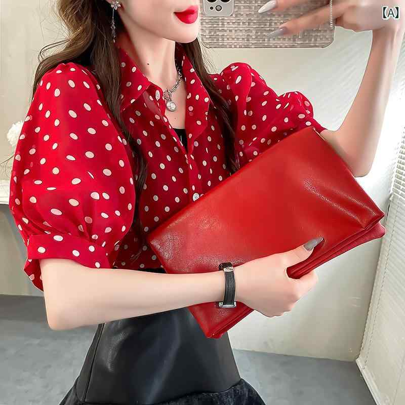 花柄 シャツ トップス レディース 夏の 韓国 レディース 年齢を 感じさせにくい シャツ 美 白 ドットの スリミング バブル 半袖 シフォン トップス