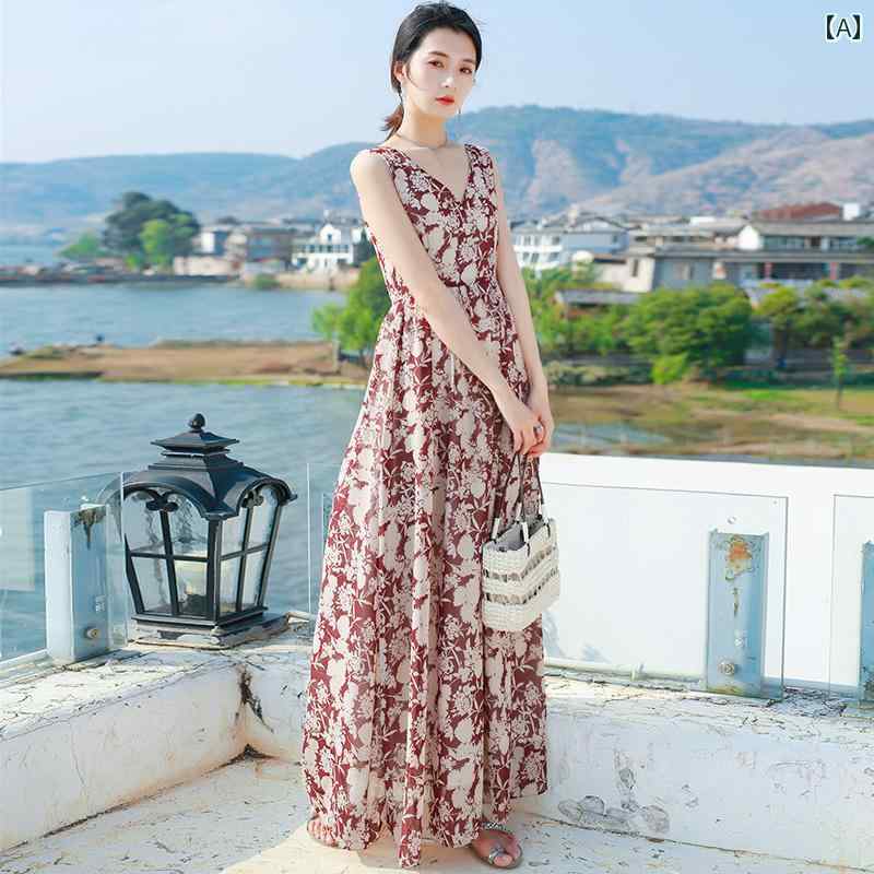 シフォンドレス　ワンピース　レディース フレンチ レトロ Vネック シフォン 花柄 ドレス 夏 ウエスト スリム ロング スカート 大きめ サイズ レディース