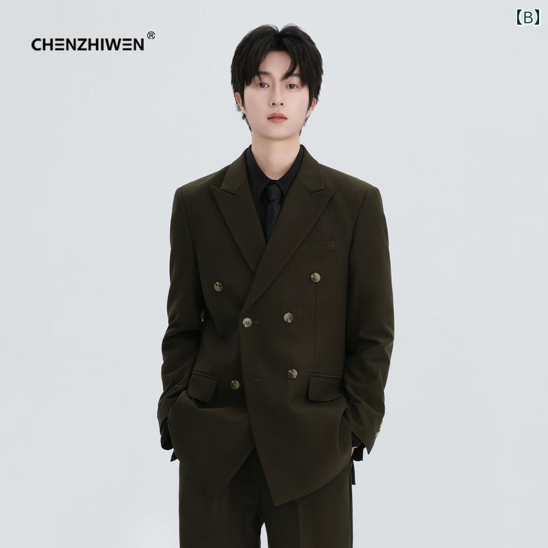 スーツ　セットアップ　ブルー 陳 志 文の 春の ピークド ダブルブレスト ストライプスーツ ジャケット カジュアル スーツ メンズ