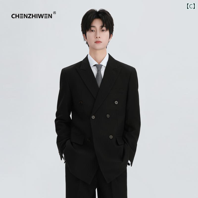 スーツ　セットアップ　ブルー 陳 志 文の 春の ピークド ダブルブレスト ストライプスーツ ジャケット カジュアル スーツ メンズ