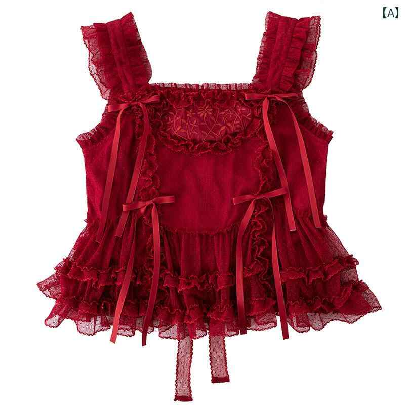 ロリータ　ドレス　コスプレ スポット フォレスト シークレット 6 グループの ワイン レッドドット ヤーン マルチレイヤー セグメント ロング スカート エレガントな 刺繍 クラス(4)