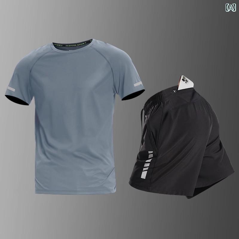 ランニングウェア　スポーツ　メンズ スポーツ スーツ メンズ 夏 用 冷感 速乾 半袖 Tシャツ マラソン ランニング ショーツ スマートフォン フィットネストレーニング用