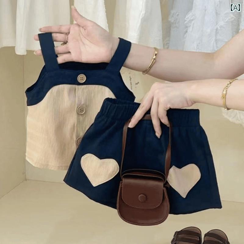 ベビー服　夏用　ウェア ベビー 服 夏 薄手 韓国 ファッション スリング ハート トップス ショーツ スーツ 1歳 女の子 子供服