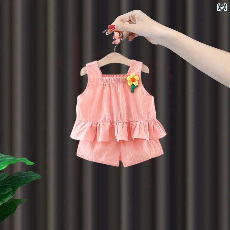 ベビー服　半袖　セット バラバラ ベビー 服 夏 女の子 ベスト ショーツ スタイリッシュ 薄手 ノースリーブ ツーピース スーツ 1歳