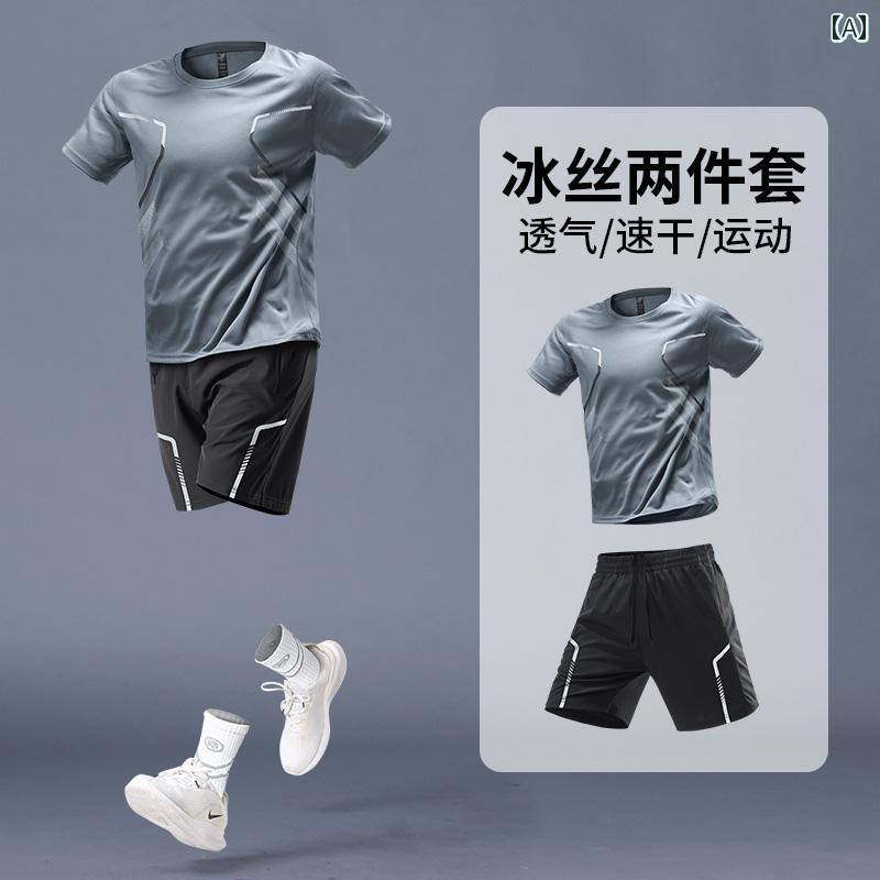 ランニングウェア　スポーツ　メンズ スポーツウェア スーツ メンズ 夏用 冷感 速乾 ランニング 半袖 フィットネスウェア フェザー バスケットボール カジュアル ショーツ