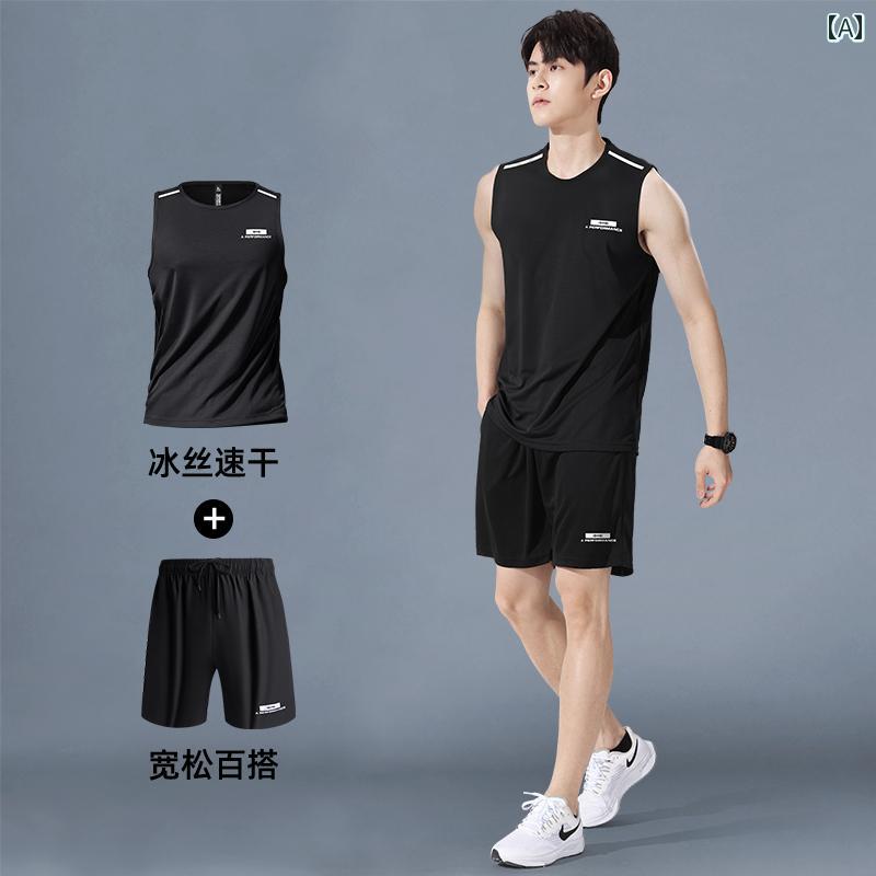 ランニングウェア　スポーツ　メンズ フィットネスウェア メンズ ランニング スポーツ ベスト スーツ 冷感 夏 速乾 ウェア ノースリーブ ショーツ 吸汗 トレーニング 機器