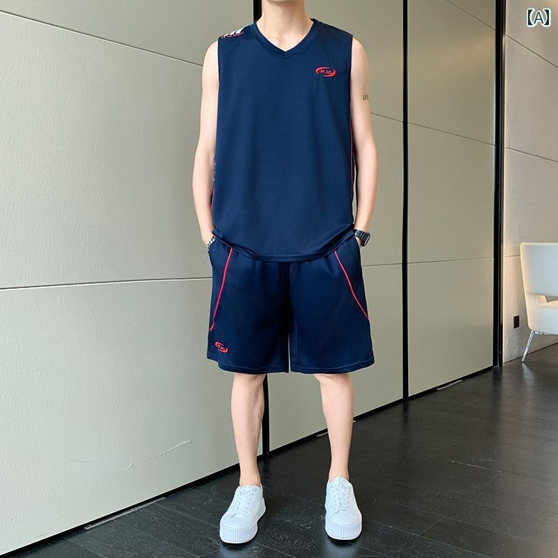 ランニングウェア　スポーツ　メンズ ノースリーブ ジャージ メンズ 速乾 Tシャツ スポーツ トレーニング チーム ユニフォーム Vネック フィットネス ランニング 夏 バスケットボール スーツ セット